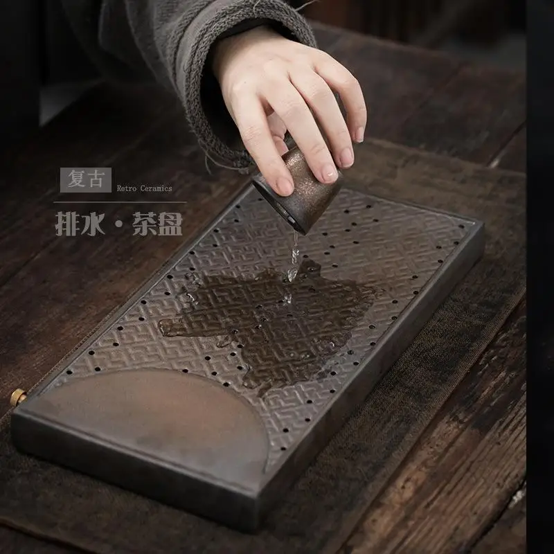 Ceramic Dry Pour Tea Tray Retro Tea Table Rectangular Water Storage Tea Tray Household Water Draining Tray Japanese Simple Tea P