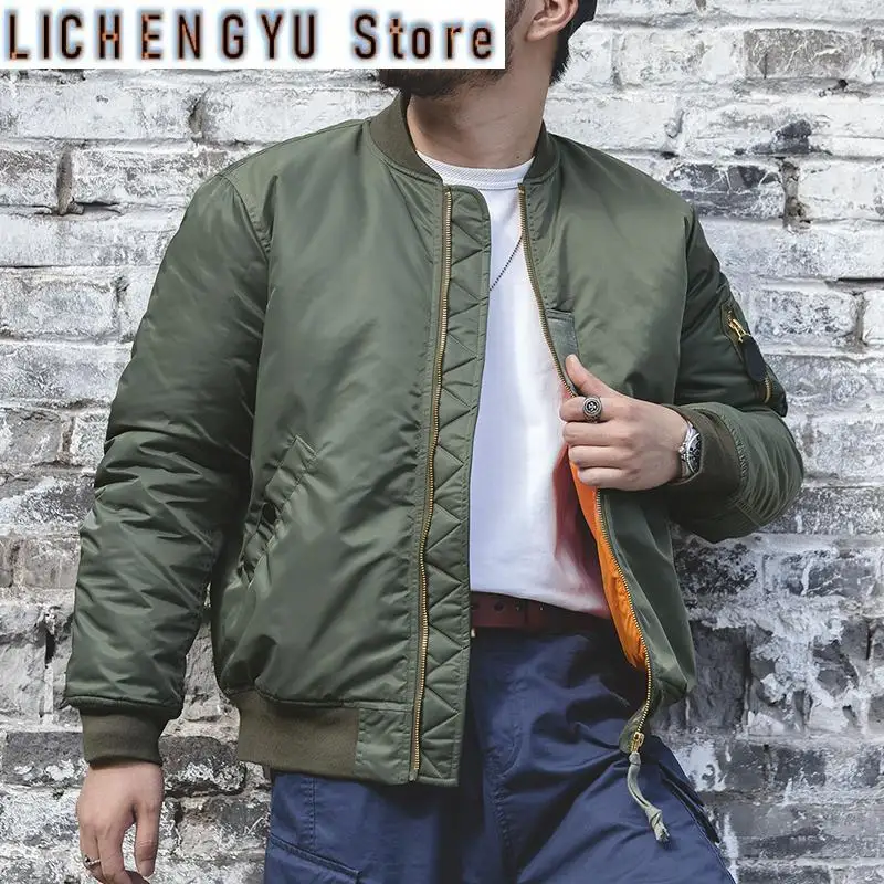 

Maden Vintage MA1 Pilot Jacket Green Thickened Cotton-padded Jacket Casual Baseball Pockets Flight Zipper Outwear for Men's Fall