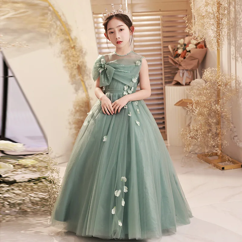 

Little Girls Formal Elegant Dress Big Bow Front Kids Host Solid Color Long Tulle Prom Dresses Flower Girls Bridesmaid Wedding