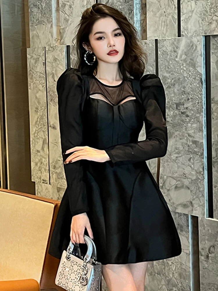 Party Mini Dresses for Women 2023 Cute Sexy Black Dress Sheer Mesh Patchwork Satin Hollow Cut Out A-line Femme Clothes Vestidos