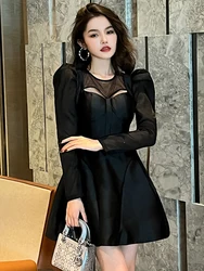 Party Mini Dresses for Women 2023 Cute Sexy Black Dress Sheer Mesh Patchwork Satin Hollow Cut Out A-line Femme Clothes Vestidos