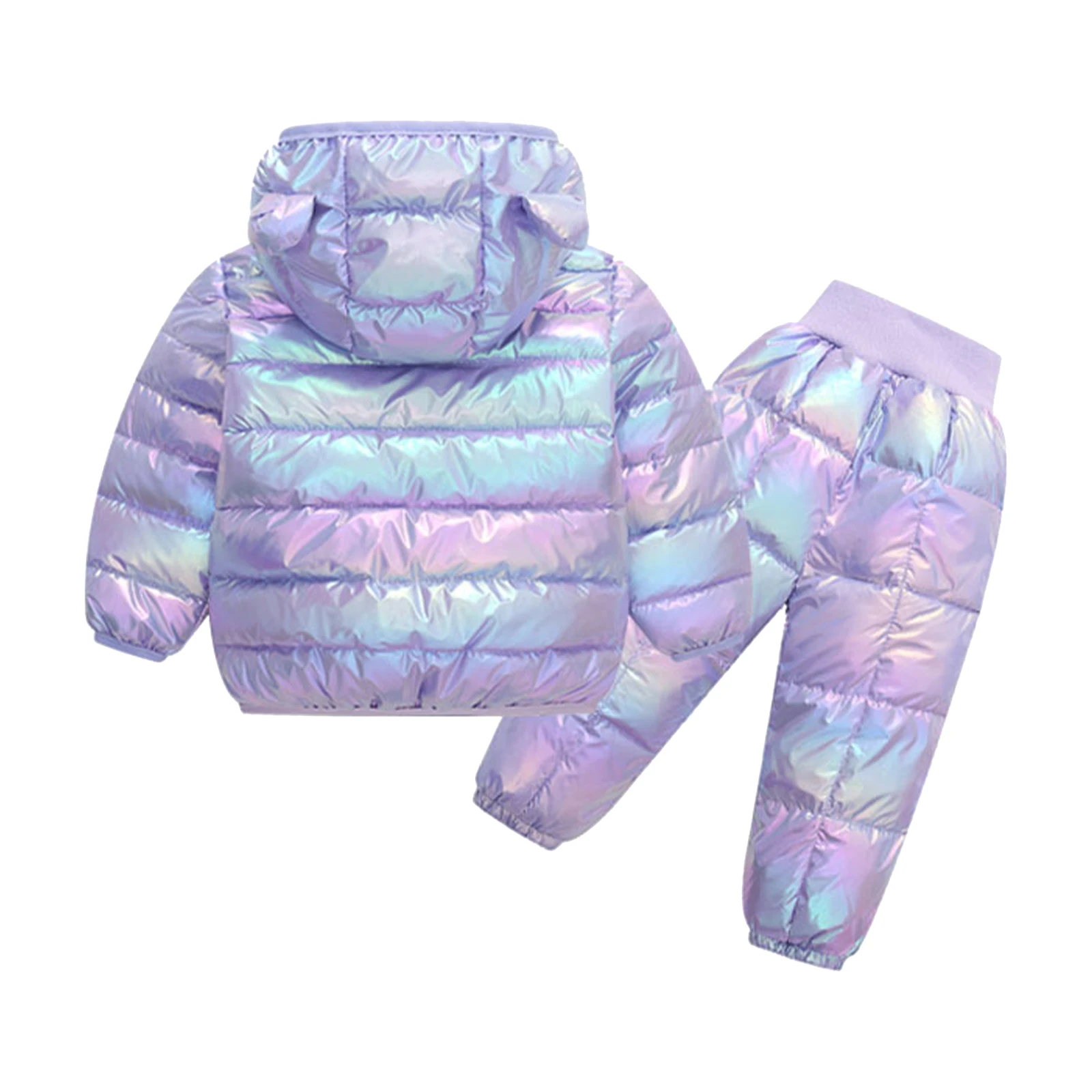 Traje de nieve metálico de calentamiento para niños y niñas, traje de esquí acolchado, traje deportivo de moda, chaqueta con capucha y pantalones con orejas de oso y cremallera de manga larga