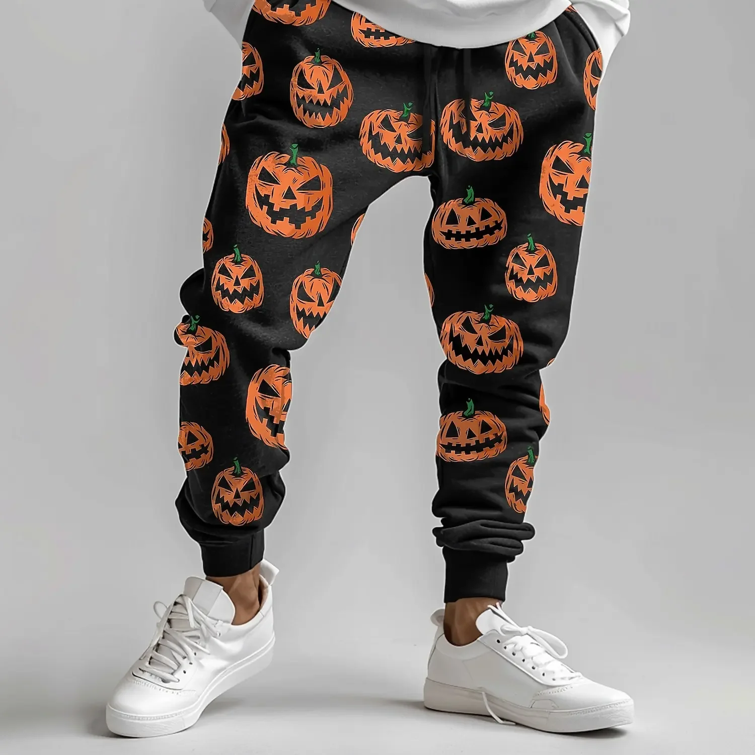 Herren-Halloween-Jogginghose mit gruseligem Kürbis-Motiv, 3D-Druck, Kordelzug, Taschen, gestreifte Bündchen, lässige Party-Streetwear-Hose – Detail 7