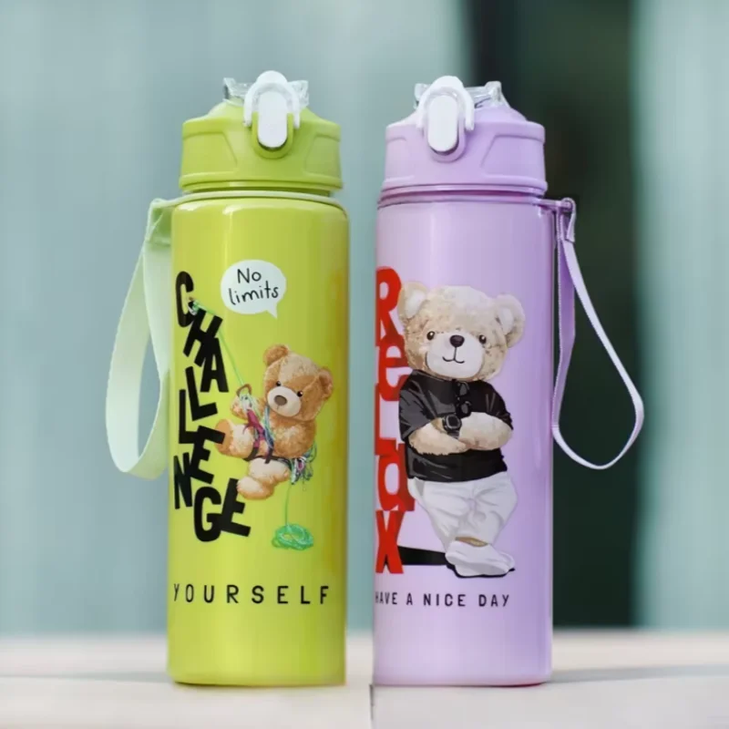 

Cute Bear Cartoon Water Bottle 750ML with Straw Leak-Proof Portable Handle for Kids Ideal for Outdoor Activities Drink Bottle
