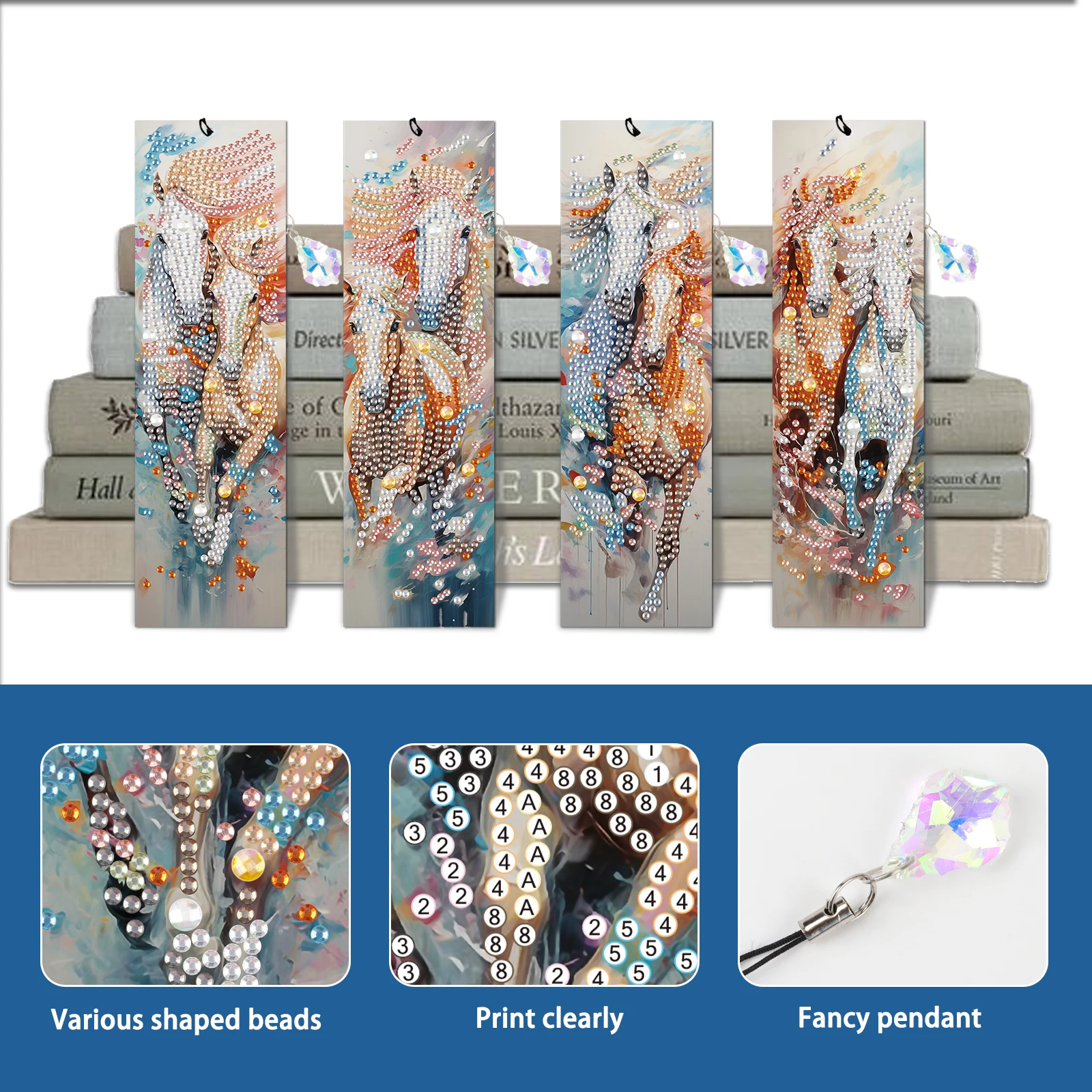 4PCS Diamond Art Painting Bookmarks,DIY Colorful horses Crystal Diamond Art with Diamond Pendant Handmade Reading Bookmark Gift