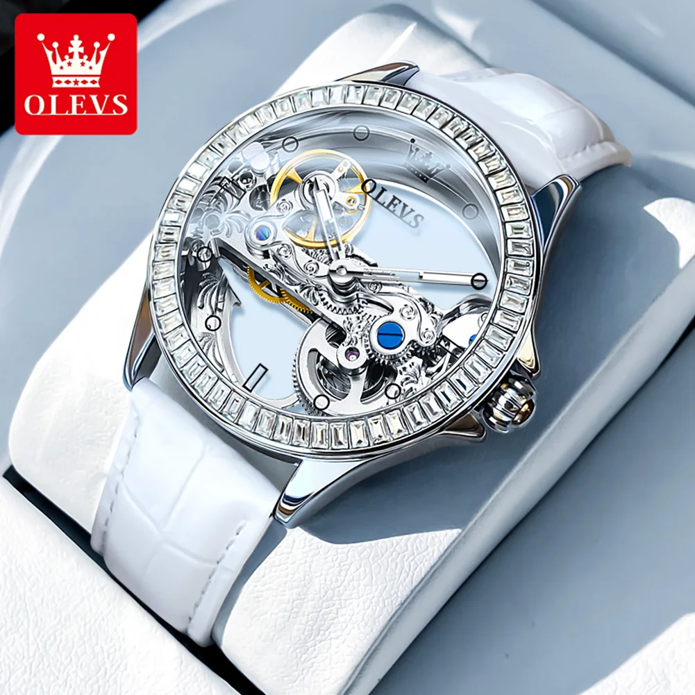 OLEVS Brand New Fashion Skeleton Mechanical Watch for Women Leather Strap Waterproof Transparent Womens Watches Relogio Feminino