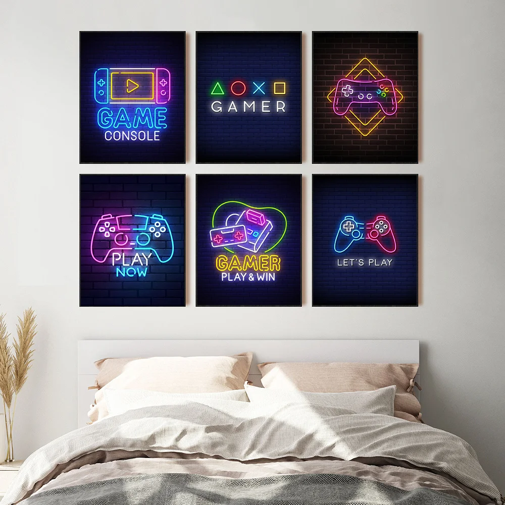 Gamepad Illustration Game Canvas Painting Neon Game Joystick Posters and Prints Wall Art Picture Gaming Room Home Decor Cuadros