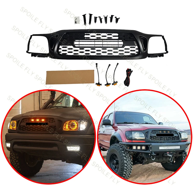 

For Toyota Tacoma 2001 2002 2003 2004 High Quality ABS TRD Style Car Front Grille Body Kit With 3/Pcs LED Grill Glossy Black