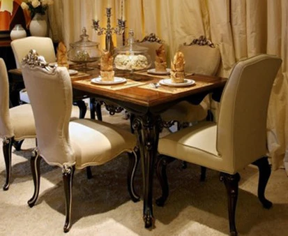 European-style dining table and chair combination 6 household dining table solid wood carved rectangular table dining room