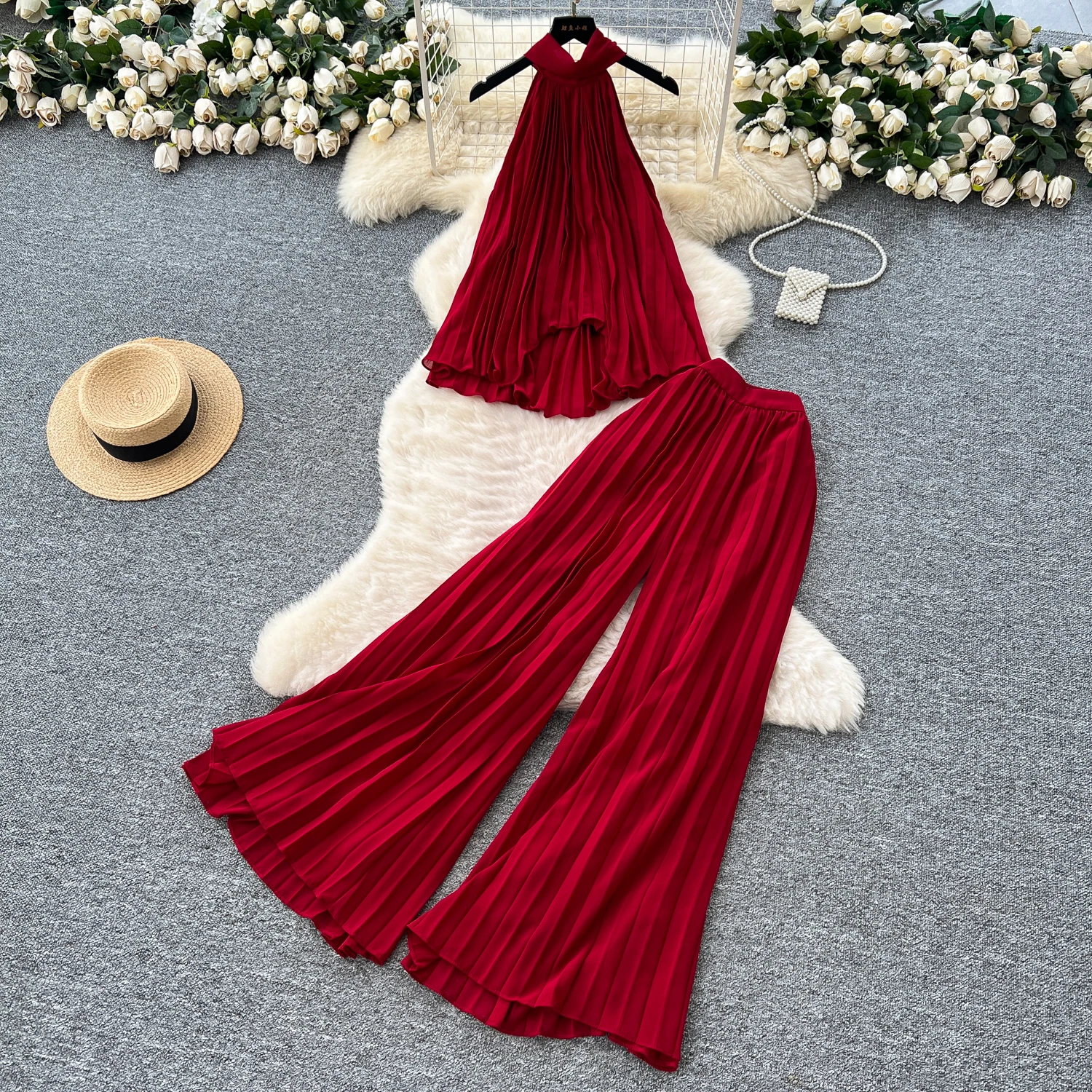 

Sexy Two Pieces Sets Chic asymmetrical halter Top with Fashion Hotsweet High Waist Wide Leg Pant Sets