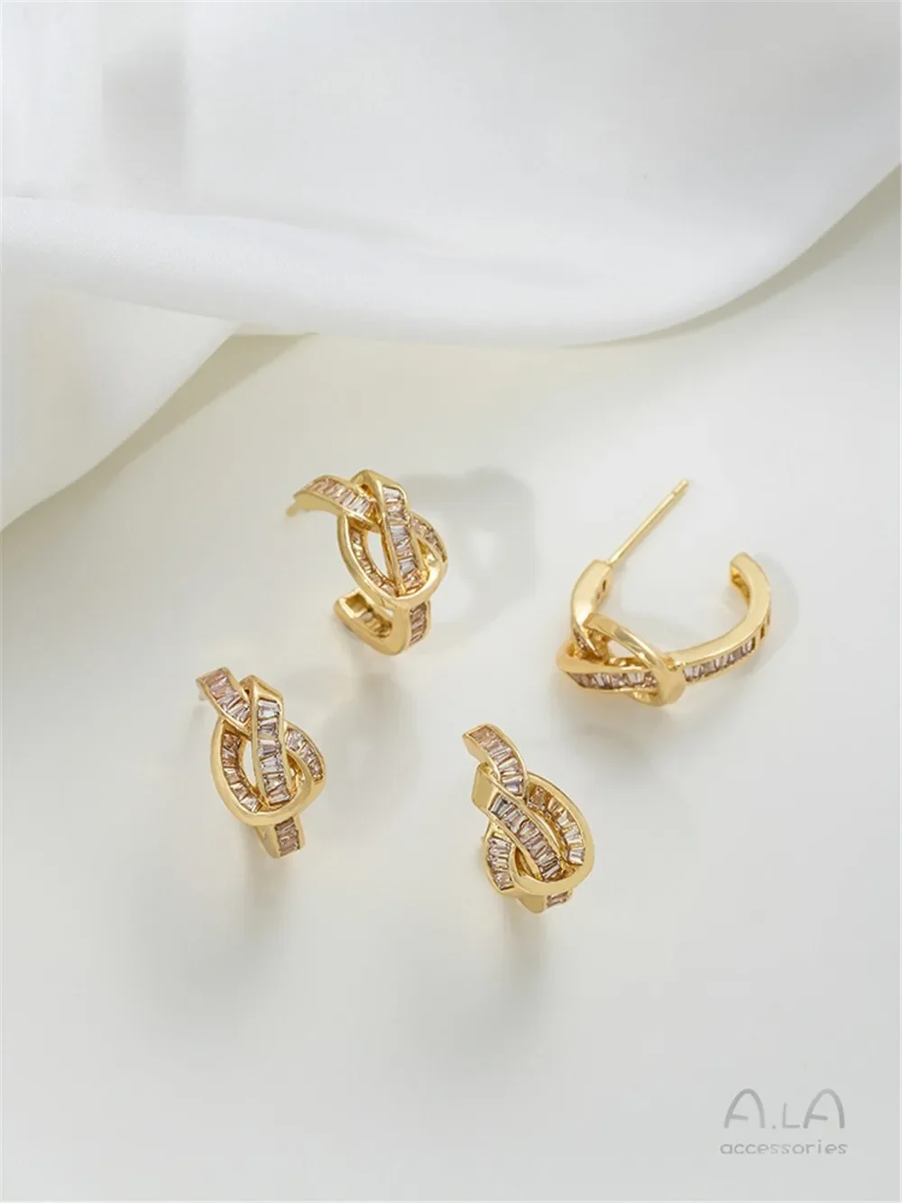 Inlaid T-shaped Zircon 14K Gold Wrapped Knotted C-shaped Earrings 925 Silver Needles DIY Handmade Earring Accessories Materials