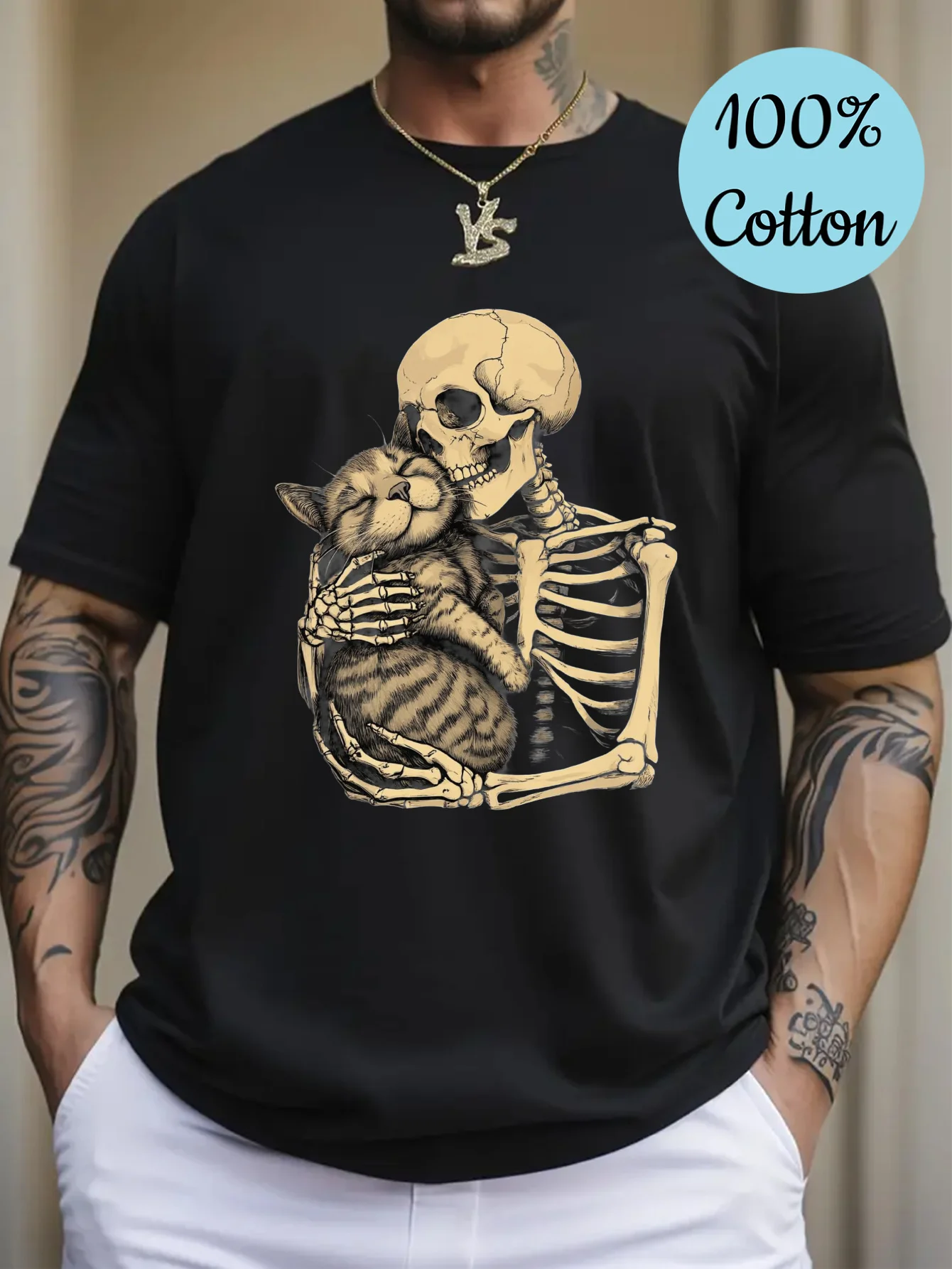 

Мужская летняя повседневная футболка с короткими рукавами из 100% хлопка, с текстом черепа, держащим котом