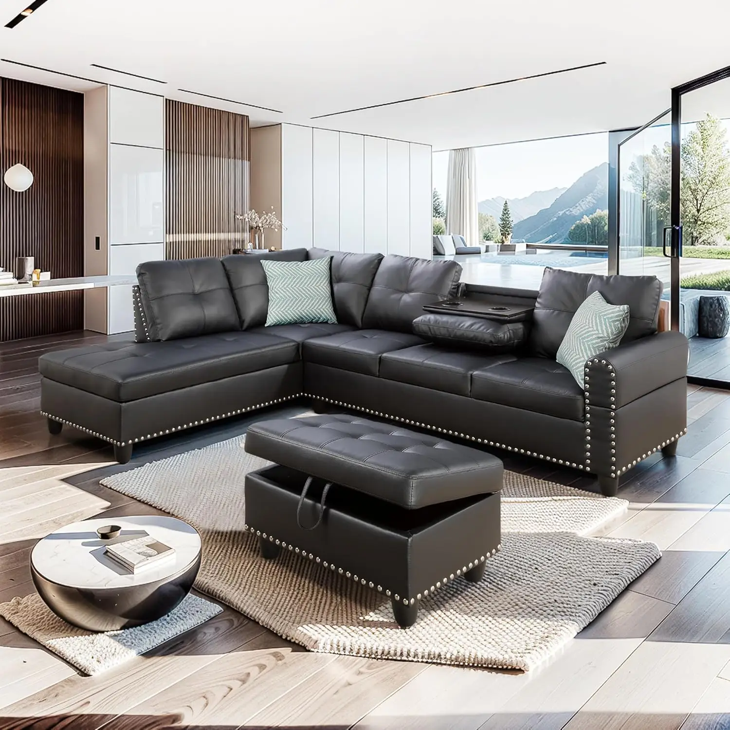 

Faux Leather Sectional Sofa with Chaise Lounge, Storage Ottoman, Cup Holders & Pillows, Upholstered Tufting Corner Couch