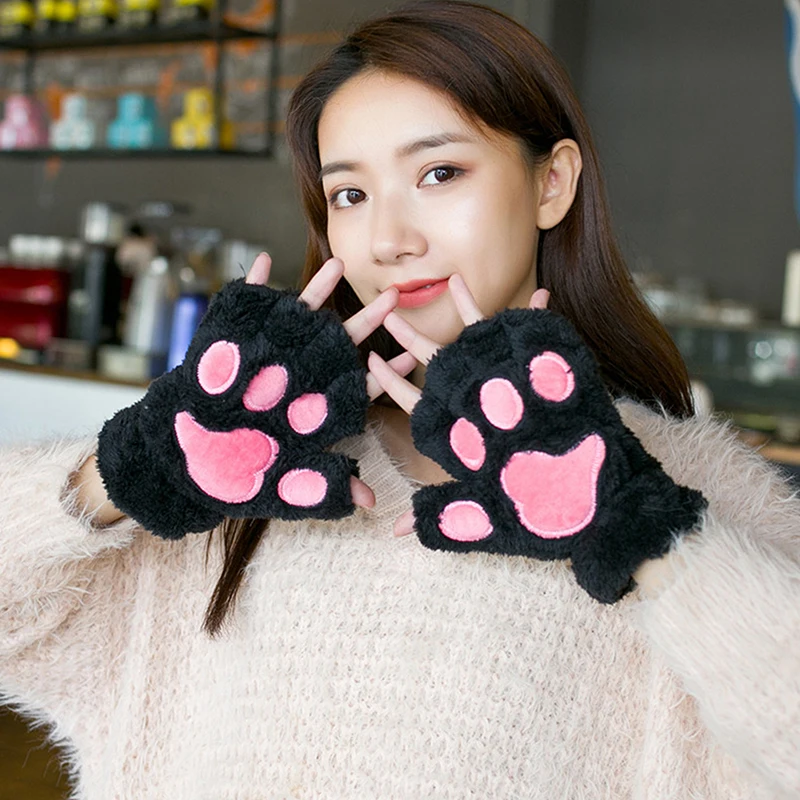 Lovely Plush Cat Claw Paw Gloves Plush Mittens Warm Soft Plush Short Fingerless Fluffy Bear Gloves Costume Half Finger Gloves