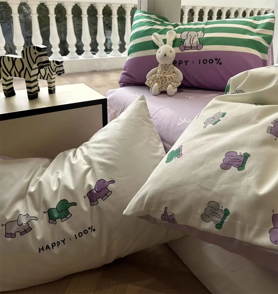 

Fashion cartoon elephant purple green bedding set,twin full queen lovely cotton home textile bed sheet pillow case quilt cover