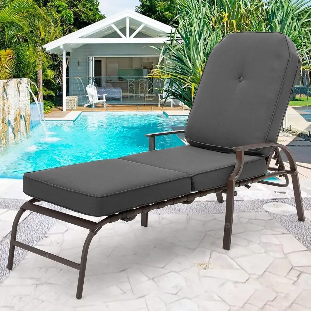 

Grey 2-Piece Patio Recliner Lounge Chairs with Cushions and Armrests