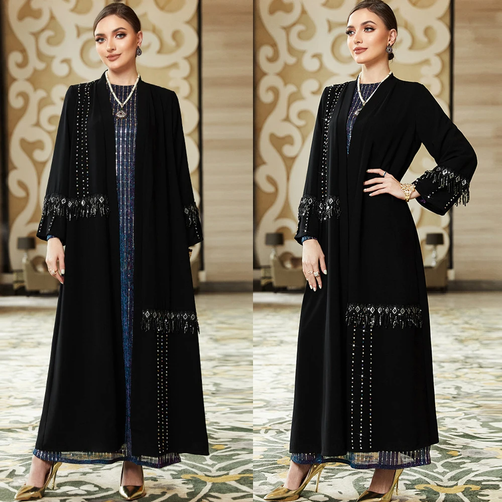 

Luxury Abaya for Women Handsewn Diamond Muslim Long Dress Cardigan Belted Morrocan Evening Kaftan Party Outwear Dubai Open Abaya