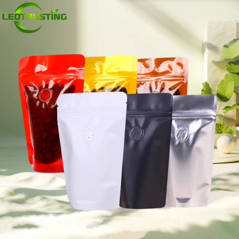10/50 Uds 50g papel de aluminio granos de café bolsas de embalaje Ziplock DIY plástico Matcha cacao té en polvo bolsa de almacenamiento de válvula unidireccional
