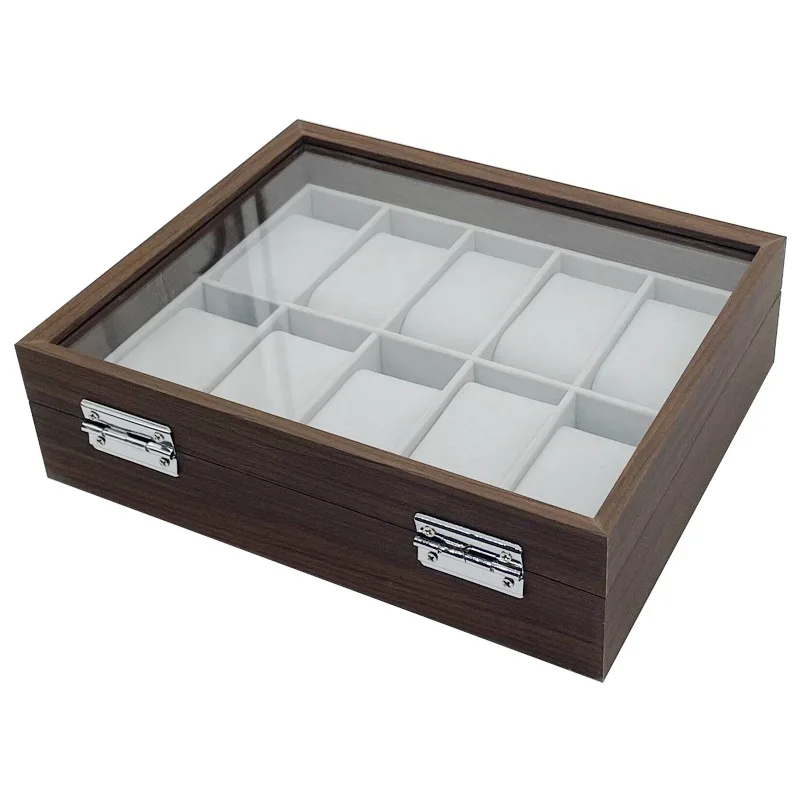 Hot Sale Retro Brown Wood 10-Slot Watch Organizer Box Convenient Storage Case with Window Lock for Watch Collection