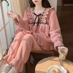 Rose Velvet Sleepwear Women's Coral Velvet Lazy Style with Thickened Lace Can Be Worn as Outerwear Home Clothes Bow Tie