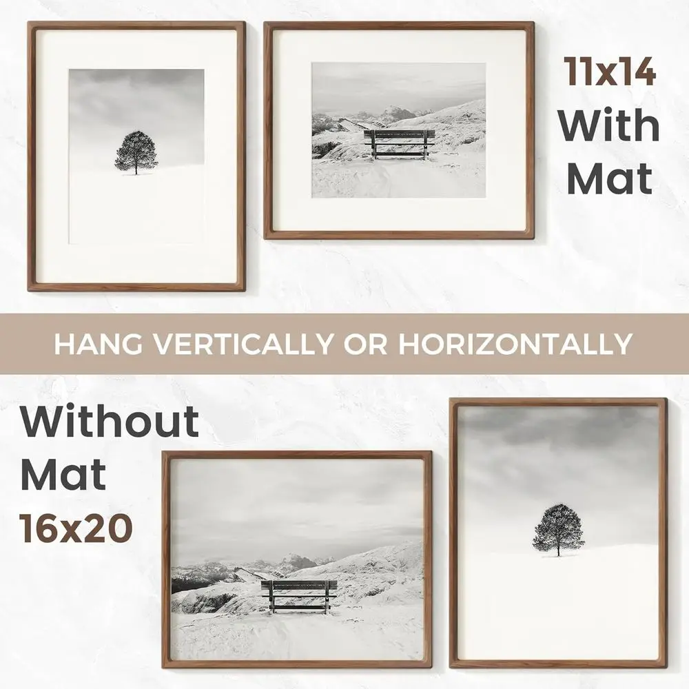 إطار صور من خشب الجوز الطبيعي مقاس 16 × 20 مصنوع يدويًا مع زوايا مستديرة، مصنوع يدويًا لصور 11 × 14، زجاج مقسى، قابل للتركيب على الحائط