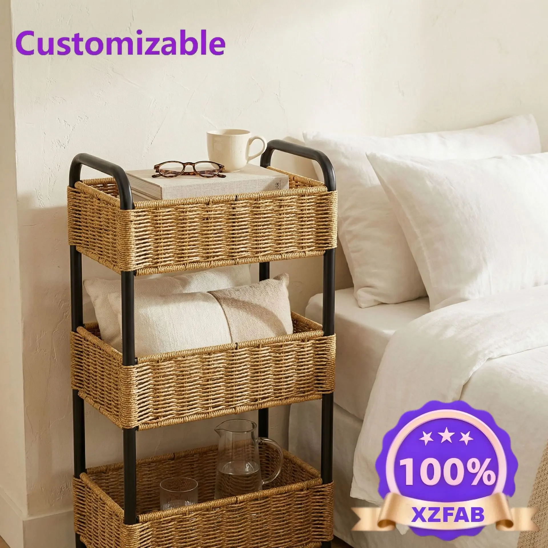 Factory Direct 2026 Nordic style floor-to-ceiling imitation rattan woven storage rack, hotel and homestay bathroomrack