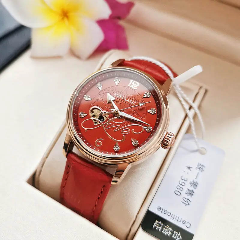 Genuine Fully Automatic Mechanical Watch for Women, Hollow-Out Luminous Waterproof Watch, Elegant and High-End New Korean Style Minimalist Watch, the Best Gift for Your Girlfriend, No Batteries Required