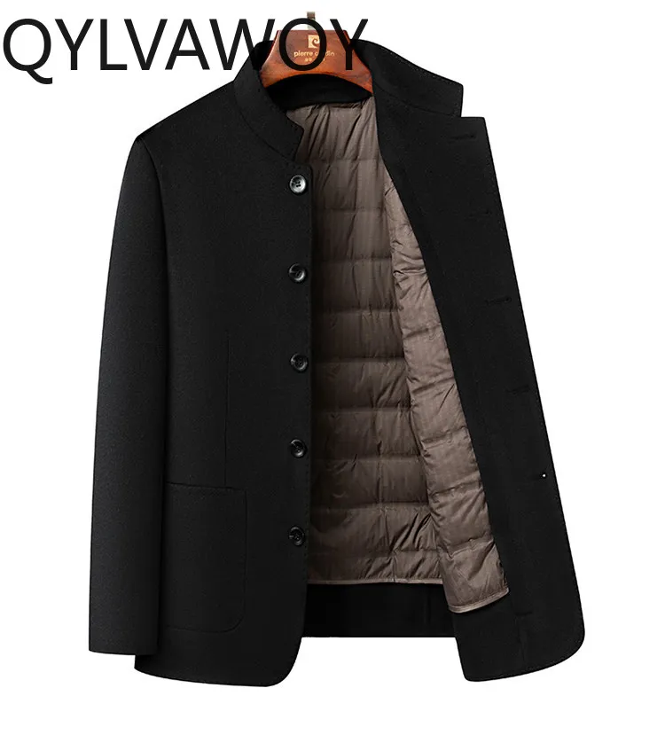 QYLVAWOY 70% Wool Coat Men 2026 Autumn Winter Stand Collar White Goose Down Liner Jacket Casual Business Woolen Coats Jackets