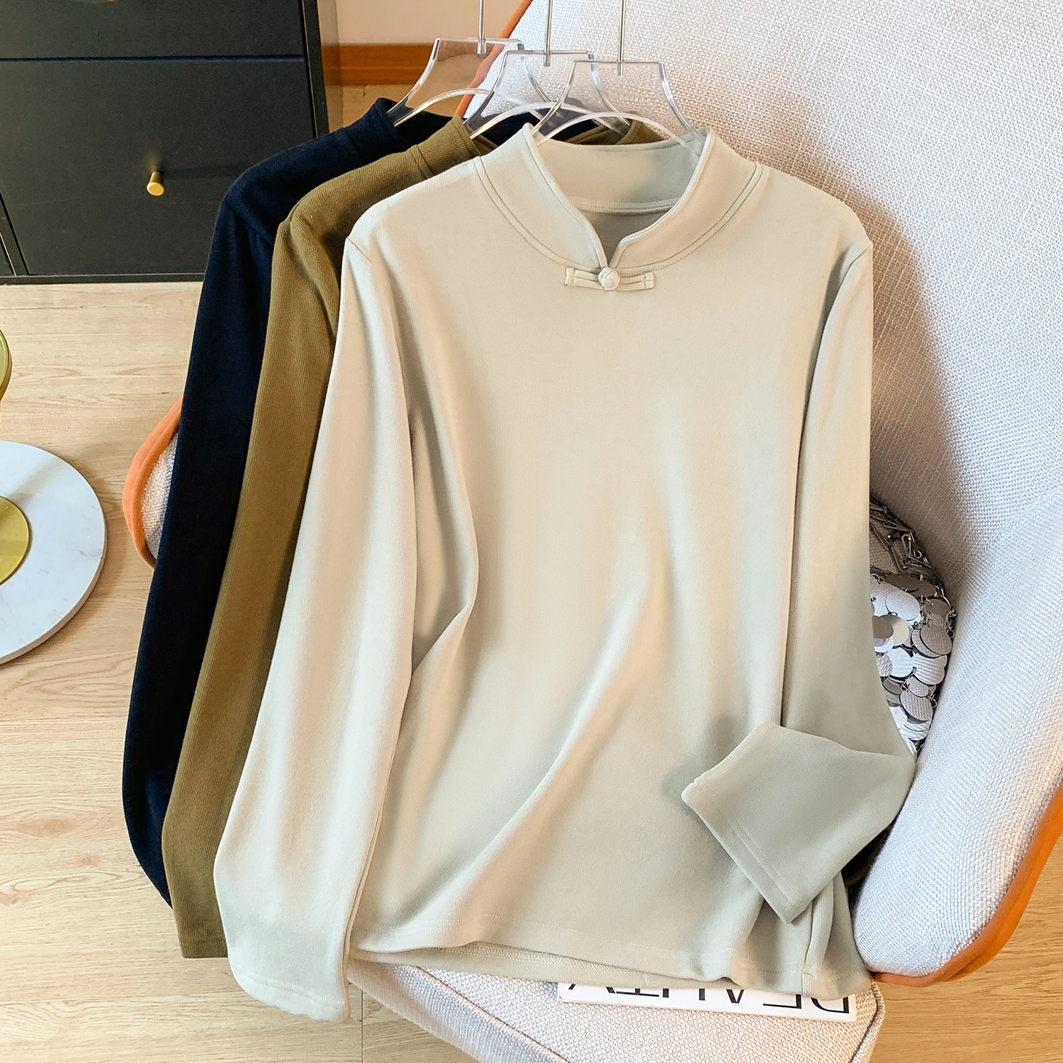 Ele Chinese Sle Long Sve T-irt レディース ベース irt QiPao トップ 韓国版 ルーズフィット カラー デルボ生地