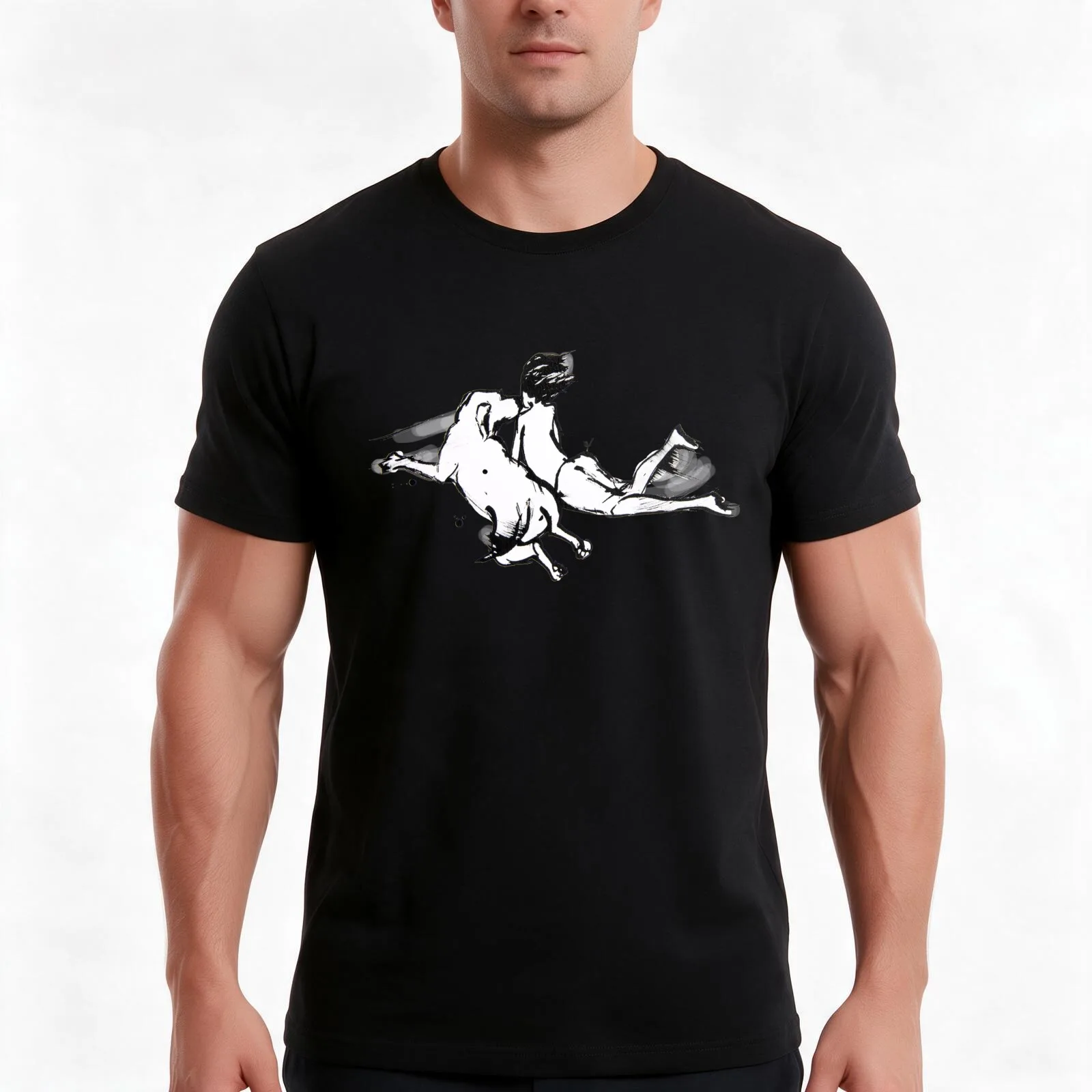 Sneaky Kisses is a drawing of a boy and his pet dog T-Shirt, Summer Casual Cotton Tee, Oversized Streetwear Tops, 100% Cotton