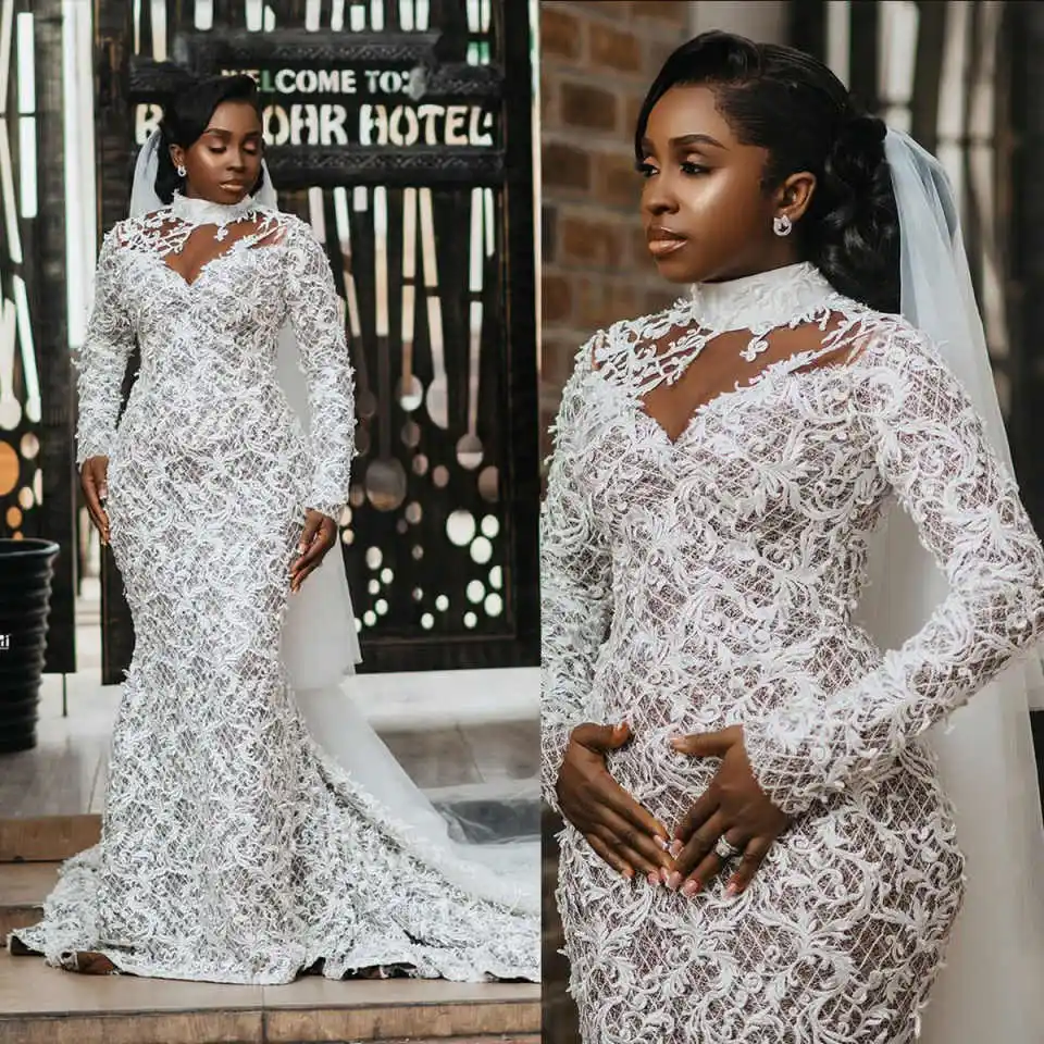Classic Mermaid Wedding Dress High-Neck Bridal Gowns Shine Sequins Appliques 3D-Lace Vestina De Novia Plus Size Customized