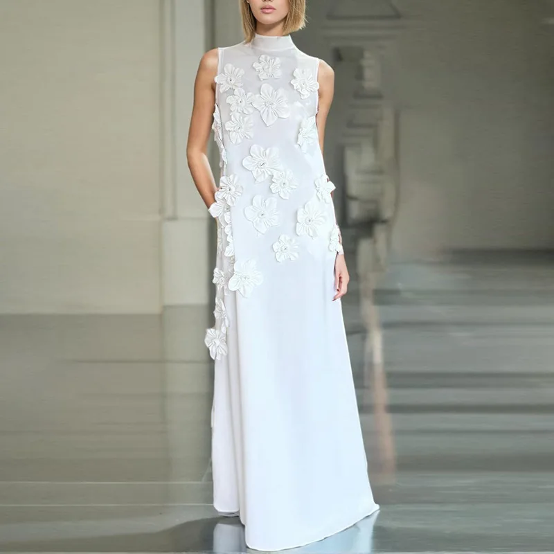 Verão temperamento elegante gola alta sem mangas cor sólida vestido longo 2025 nova flor colagem design vestidos longos senhoras