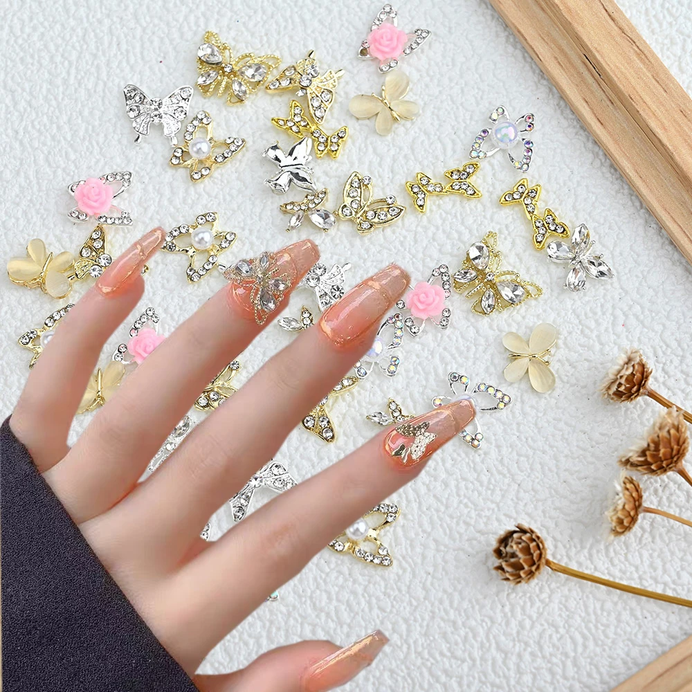 

10pcs/Lot Luxury Butterfly Nail Art Alloy Zircon Pearl Crystal Metal Manicure Nails Accesorios Simple 3D Opal Decorations Charms