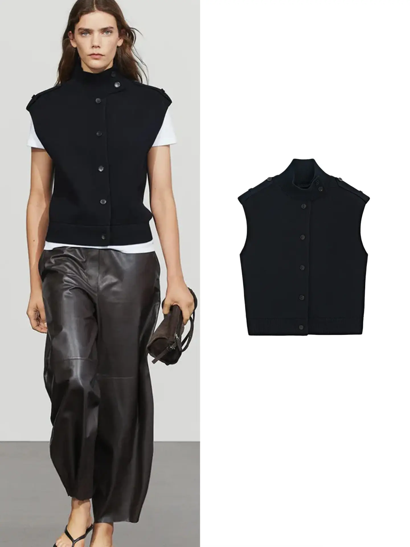 Simple Stand Collar Sleeveless Ribbed  Knitted Vest Autumn New Style Women's Fashion Outerwear Short Length Polyester