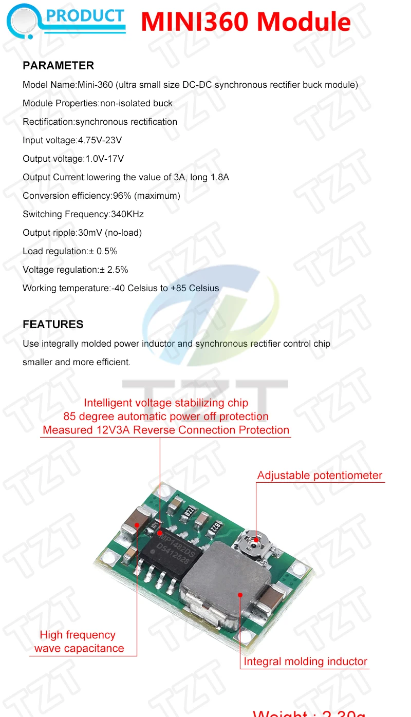 TZT 1/5/10PCS Mini360 DC-DC HM Buck Converter Step Down Netzteil Modul 4,75-23V zu 1-17V 340KHz Mini-360 – Detail 1