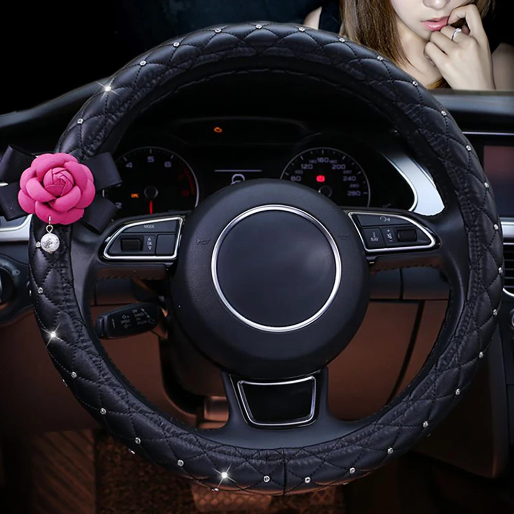 New Universal Camellia Leather Car Steering Wheel Cover Diamond Bling Car Assessoires Interior for Women Girls Car Decoration