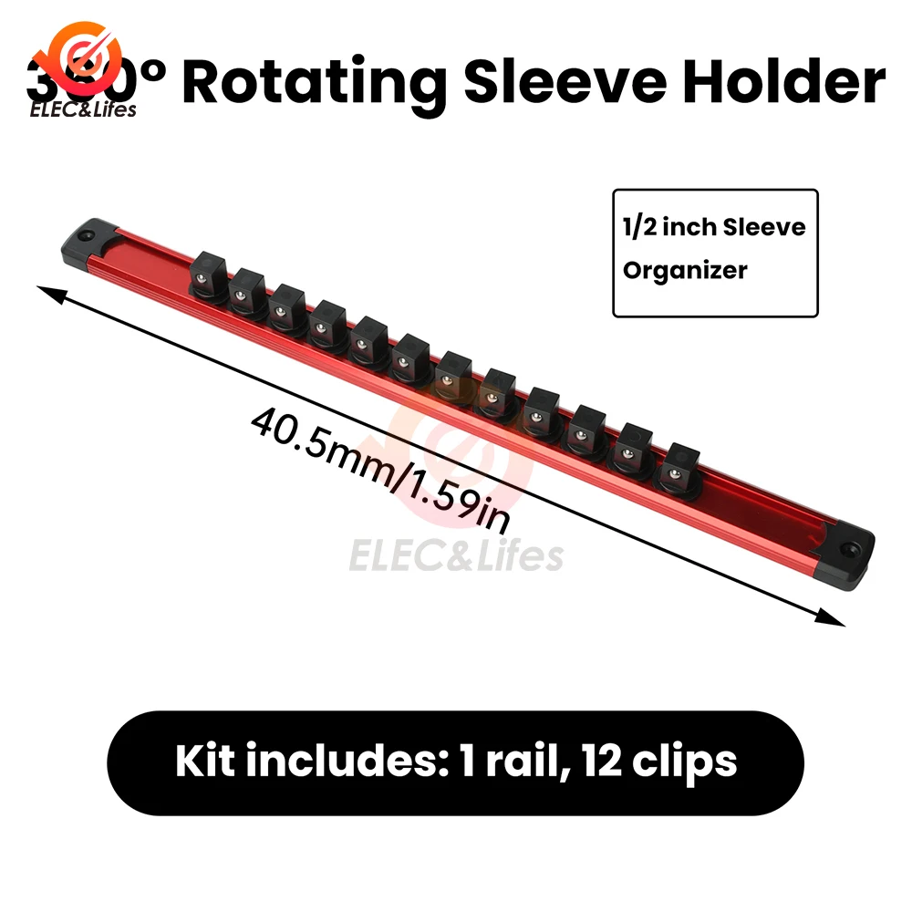 Fully Rotatable Magnetic Socket Rack with Sliding Clamps 40.5cm Aluminum Body for Flexible Tool Organization on Metal Surfaces