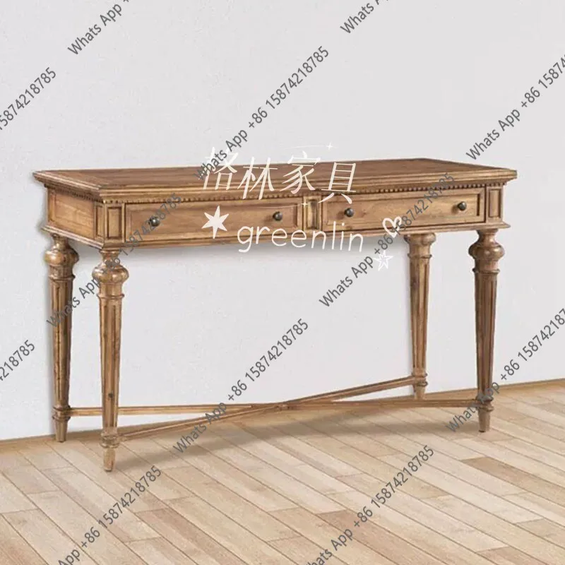 French retro old solid wood entrance table, medieval double drawer Roman column entrance table