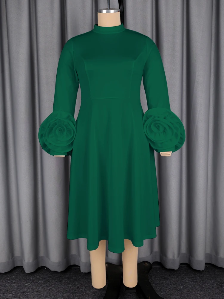 JENYAGE Damen schickes Midikleid mit hohem Kragen und langen Ärmeln, 3D-Rosenblüten-Manschetten, schmal geschnitten, A-Linie, einfarbig, dehnbar, elegantes formelles Partykleid – Detail 9