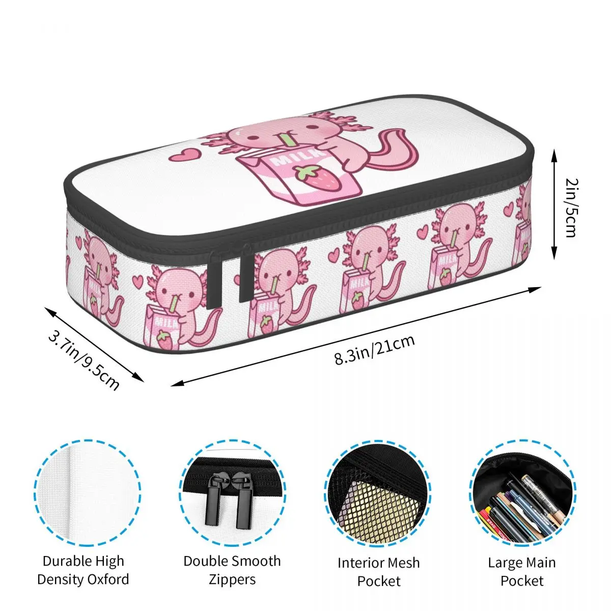 Cute Axolotl Loves Strawberry Milk Doodle Pencil Case for Boys Girl School Pen Box Pencil Bag Stationery Supplies Pen Holder Bag