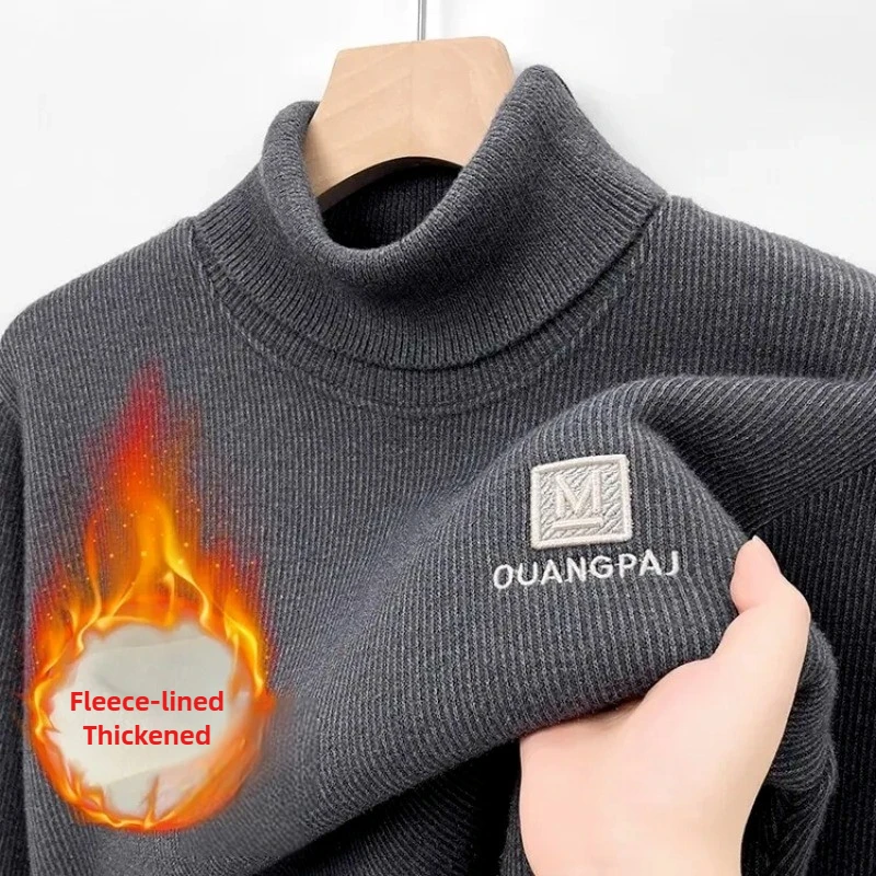 

Зимний толстый теплый свитер с высоким воротом, мужские облегающие повседневные флисовые вязаные пуловеры, однотонные утолщенные свитера из синели с вышивкой