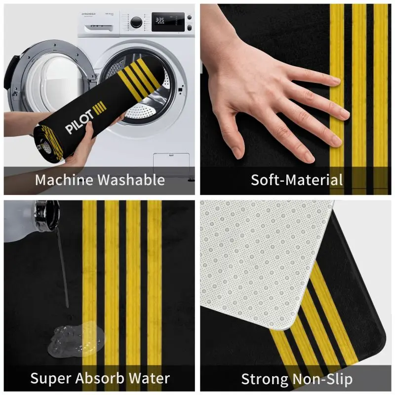 Pilot Captain Stripes Front Door Mat Anti-Slip Outdoor Quick Dry Aviation Airplane Doormat Floor Bath Entrance Rug Carpet