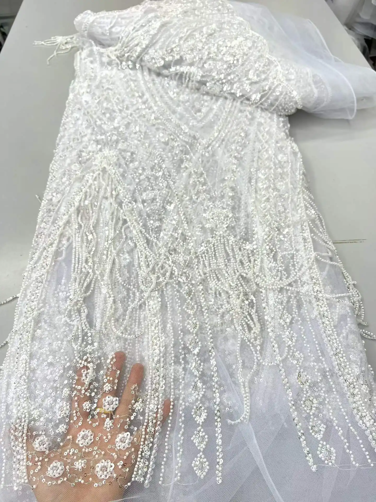 

African Beaded Lace Fabric 2026 High Quality French Mesh Beaded Decoration Nigerian Bridal Party Dress Fabric
