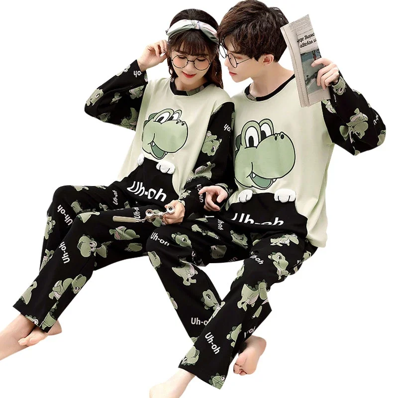 Autumn Cartoon Dinosaur  Women Men Pajama Set Couples Sleepwear Korean Loose Unisex Pijamas Mujer Long Sleeve Cotton Pyjama