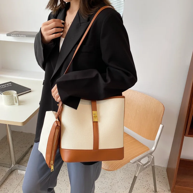 Neue Casual Leinwand Eimer Tote Tasche für Frauen Damen Kontras Gewinde Große Kapazität Schulter Crossbody Hanndbag Geldbörse