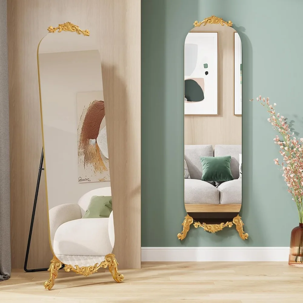 Elegante vintage gotische stijl gebogen vloerspiegel over de volledige lengte met standaard, 61,5 hoog x 20 breed, gouden afwerking, grote wanddecoratie