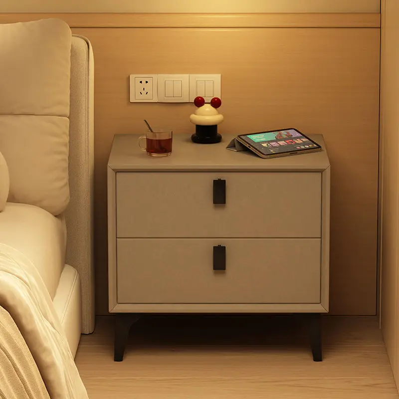 

Solid Wood and Leather, Modern Bedside Cabinet, Minimalist