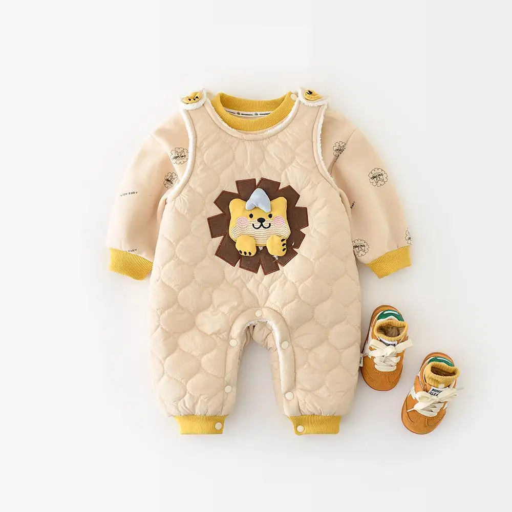 

2025 Winter New Baby Sleeveless Warm Romper Plus Velvet Thick Girls Cute Cartoon Jumpsuit Toddler Casual Overalls Infant Clothes