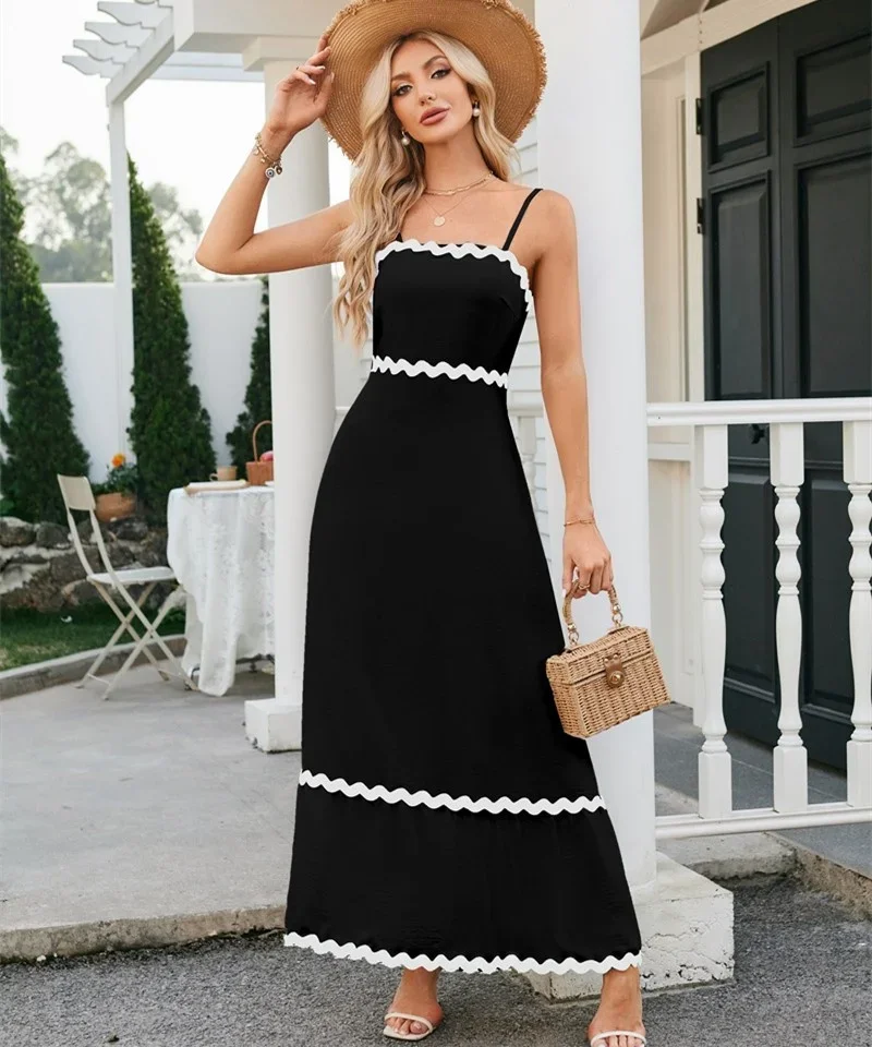 Summer Color Blocking Wave Pattern Dresses Women New Sleeveless Backless Dress Female Casual Vacation High Waist Suspenders Gown