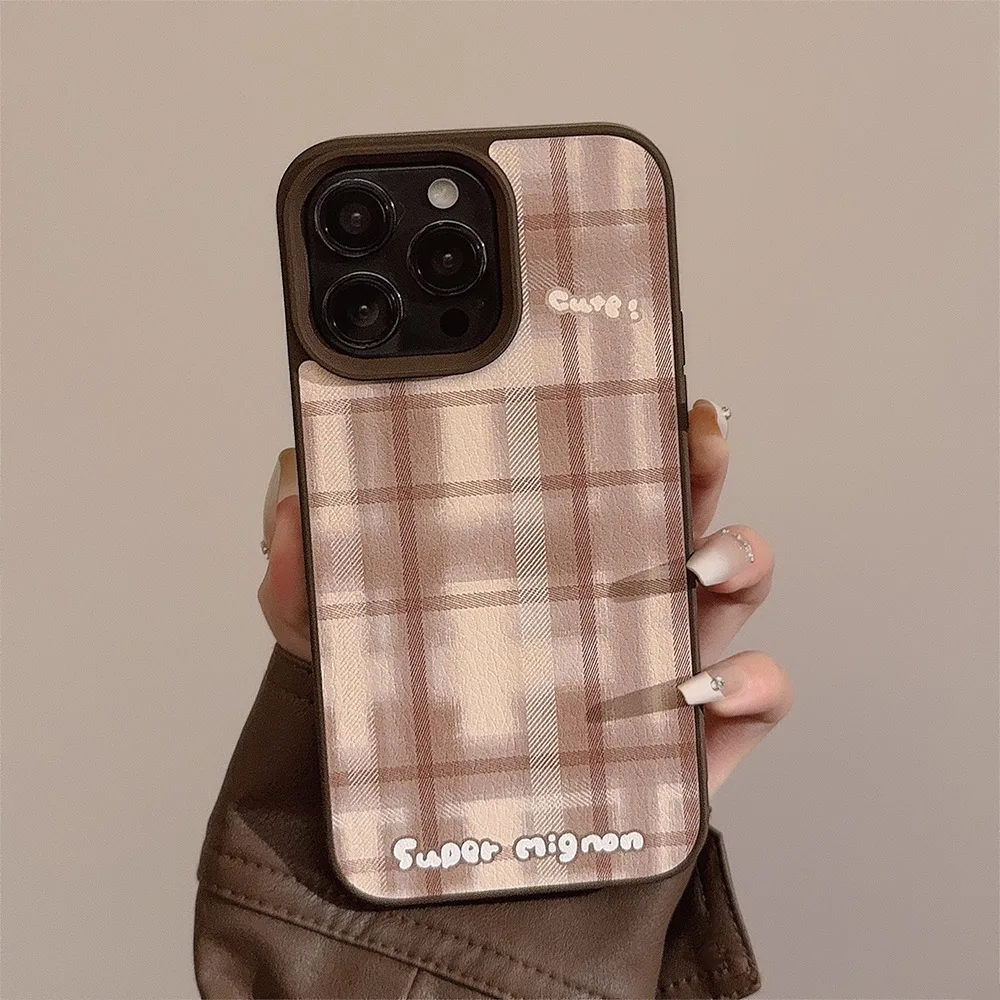 Koreanische braune Gittermuster-Lederstruktur-Handyhülle für iPhone 17, Air 16, 15, 14, 13, 12, 11, Pro Max, stoßfeste Schutzhülle